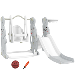 AIYAPLAY Escorrega Infantil 4 em 1 Baloiço e Escorrega Escalador Tabela de Basquetebol Temática de Coelho 147,5x160x107 cm Cinza
