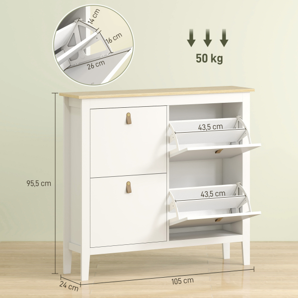 HOMCOM Sapateira para Entrada com 4 Gavetas Prateleiras Ajustáveis e Puxadores em PU para 20 Pares de Sapatos 105x24x95,5 cm Branco - Image 3