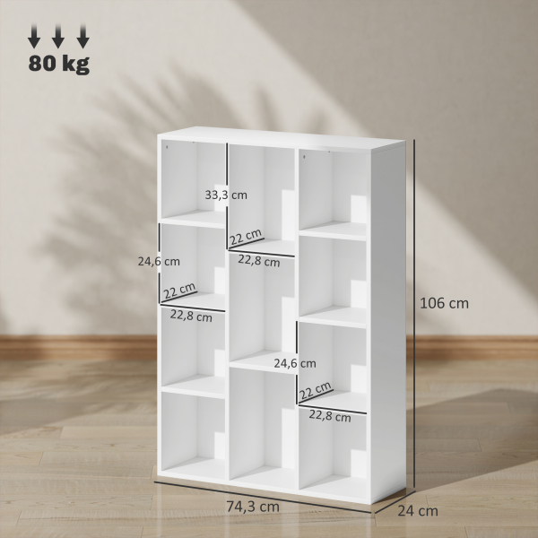 HOMCOM Estante de 3 Níveis Estante para Livros com 11 Compartimentos Desenho Vertical ou Horizontal 74,3x24x106 cm Branco - Image 3