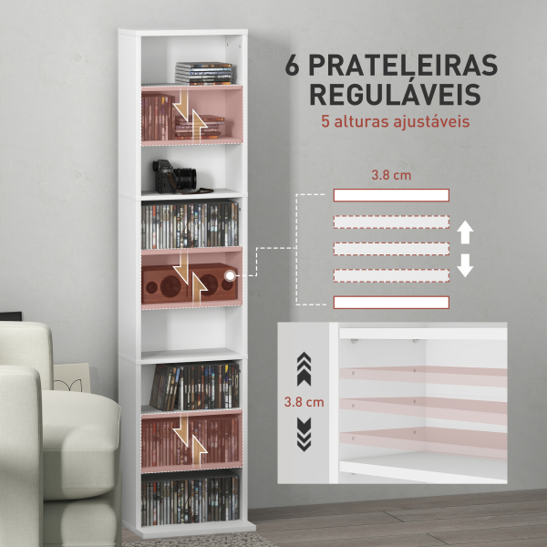 HOMCOM Estante para CDs e DVDs Suportes para CD Estreitos com 9 Compartimentos Prateleiras Ajustáveis 33x24x140 cm Branco - Image 5