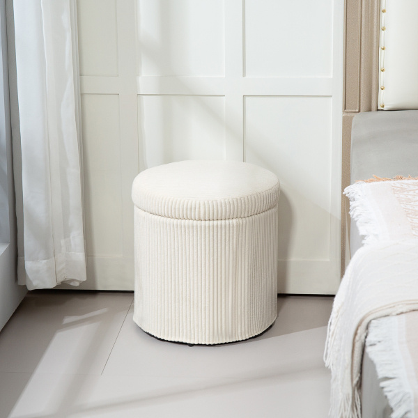 HOMCOM Puff de Arrumação Baú de Arrumação Redondo Estofado em Veludo Cotelê  Tampa Removível Ø40x41 cm Creme - Image 2