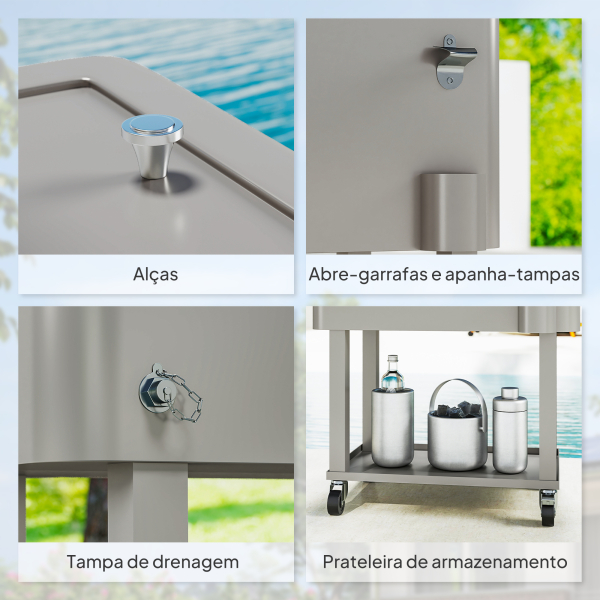 Outsunny Carrinho Refrigerador de Bebidas de 56L com Rodas Abridor de Garrafas e Prateleira para Pátio Festas 67x35x80 cm Cinzento Claro - Image 6