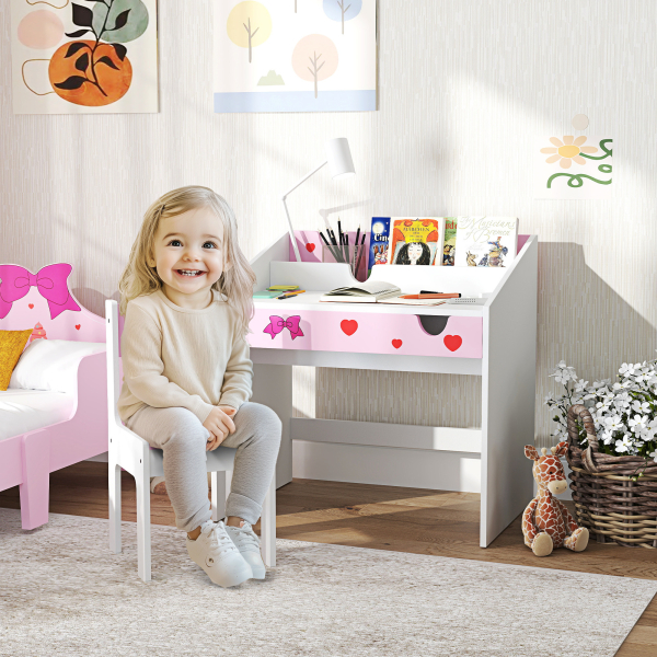 AIYAPLAY Conjunto de Secretária e Cadeira para Crianças com Gaveta Amovível e Compartimento para Dormitório Sala de Jogos Rosa e Branco - Image 2