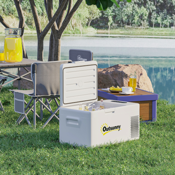 Outsunny Geleira Portátil Elétrica 16,8L 12V-220V Mini Geleira com Compressor Luz LED Ecrã Digital Modos ECO e MAX de -20℃ a +20℃ 59x32x26 cm Creme - Image 9