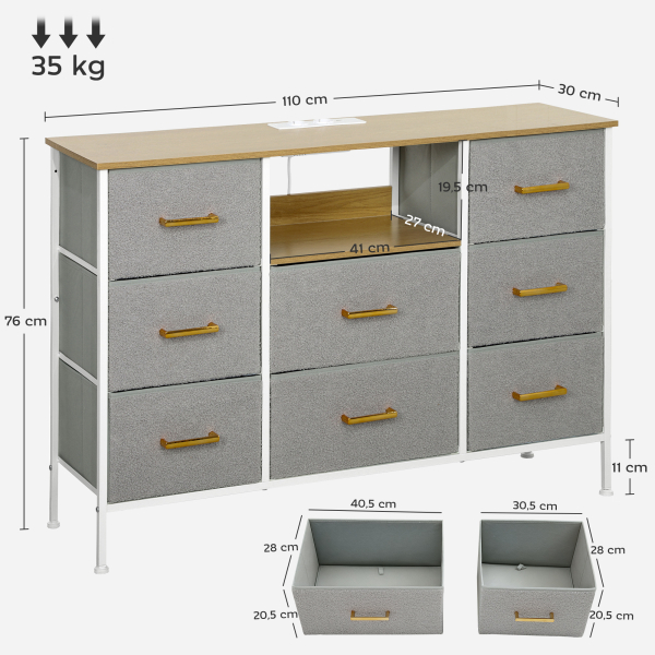 HOMCOM Cómoda com 8 Gavetas Estofada em Borreguito com Estação de Carga Porta USB Tipo-C e Estrutura de Aço 110x30x76 cm Cinzento - Image 3