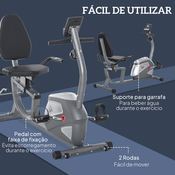HOMCOM Bicicleta ergométrica reclinável com tela LCD e volante de 3 kg resistência magnética de 8 níveis assento ajustável 121,5-136x62,5x98 cm Cinza - Image 7