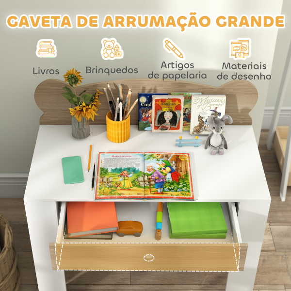 AIYAPLAY Secretária para Crianças com Cadeira em Forma de Ursinho Secretária Infantil com Gaveta para Estudar Ler e Desenhar Branco e Madeira - Image 5