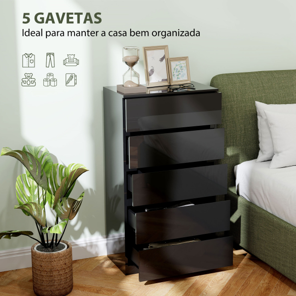 HOMCOM Cómoda com 5 Gavetas de Madeira Cómoda de Dormitório Cómoda Branca para Sala de Estar Estilo Moderno 55x34x100 cm Preto - Image 4