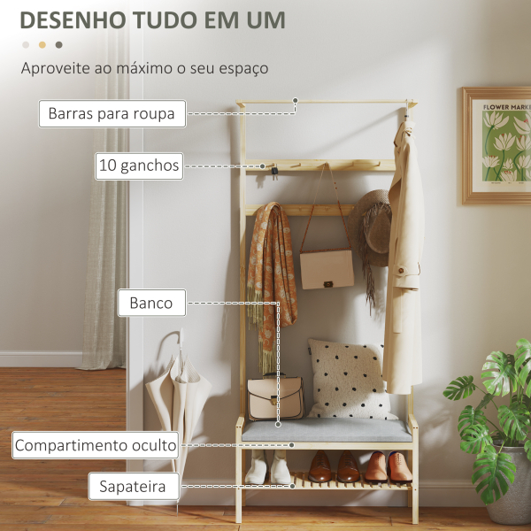HOMCOM Móvel Cabide de Entrada com Sapateira 10 Ganchos Barra Superior e Compartimento 73,5x34x171 cm Madeira e Cinza - Image 4