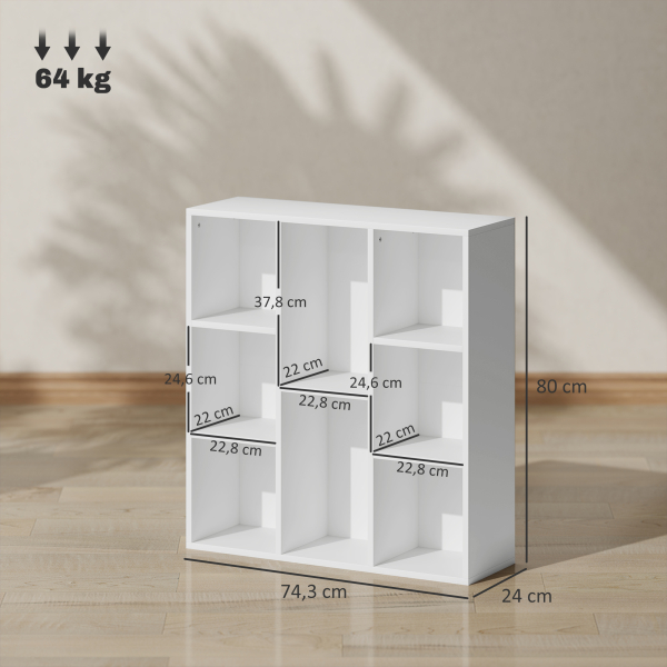 HOMCOM Estante de 3 Níveis Estante para Livros com 8 Compartimentos Desenho Vertical ou Horizontal 74,3x24x80 cm Branco - Image 3