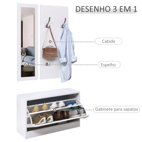 HOMCOM Móvel Cabide de Entrada de 3 Peças Armário de Entrada com Cabide Espelho e Sapateira 80x27x46,5cm Branco - Image 4
