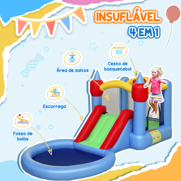 AIYAPLAY Castelo Insuflável 4 em 1 para Crianças com Escorrega Piscina de Bolas Cesto e Saco de Transporte 415x205x190 cm Multicor - Image 4