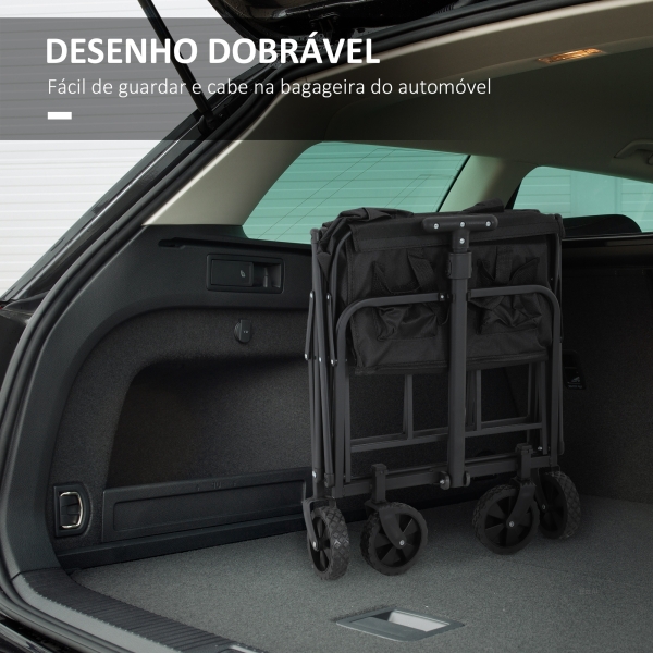 Outsunny Carrinho de Transporte com Rodas Carrinho de Jardim Dobrável com Pega Telescópica Ajustável 2 Bolsas de Arrumação 64x42x27 cm Preto - Image 6