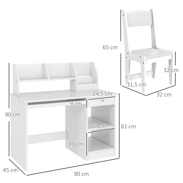 ZONEKIZ Conjunto de Secretária e Cadeira para Crianças com 2 Gavetas e Compartimento para Dormitório Sala de Estudo Branco - Image 3