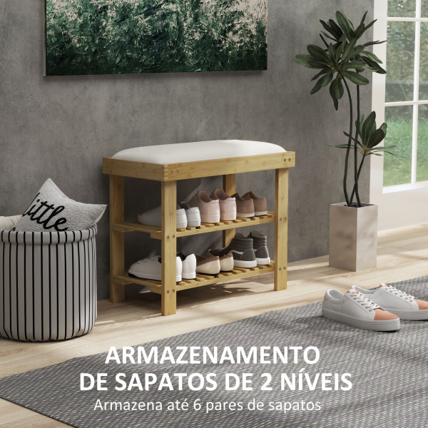 HOMCOM Banco Sapateira de Bambu Sapateira com Assento Almofadado 2 Prateleiras para 6 Pares de Sapatos 60x29x49 cm Madeira e Creme - Image 5