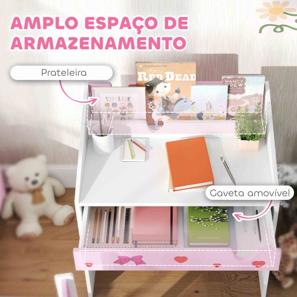 AIYAPLAY Conjunto de Secretária e Cadeira para Crianças com Gaveta Amovível e Compartimento para Dormitório Sala de Jogos Rosa e Branco - Image 5