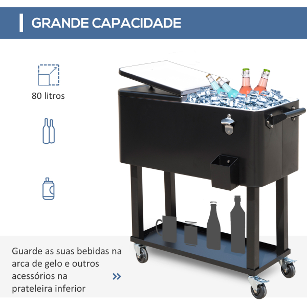 Outsunny Geleira para Bebidas Carro Refrigerado para Bebidas 75,7 L com Rodas Abridor de Garrafas e Prateleira 90x39x83 cm Preto - Image 4