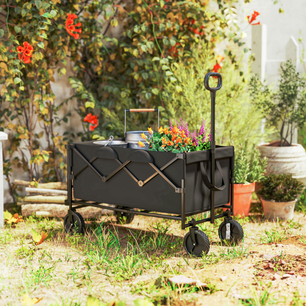 Outsunny Carrinho de Transporte Carrinho de Jardim Dobrável com Guiador Telescópico Ajustável Porta Traseira Expandível 95x55x102 cm Preto - Image 9
