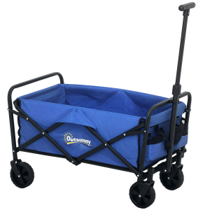 Outsunny Carrinho de Transporte com Rodas Carrinho de Jardim Dobrável com Pega Telescópica Ajustável 2 Bolsas de Arrumação 64x42x27 cm Azul