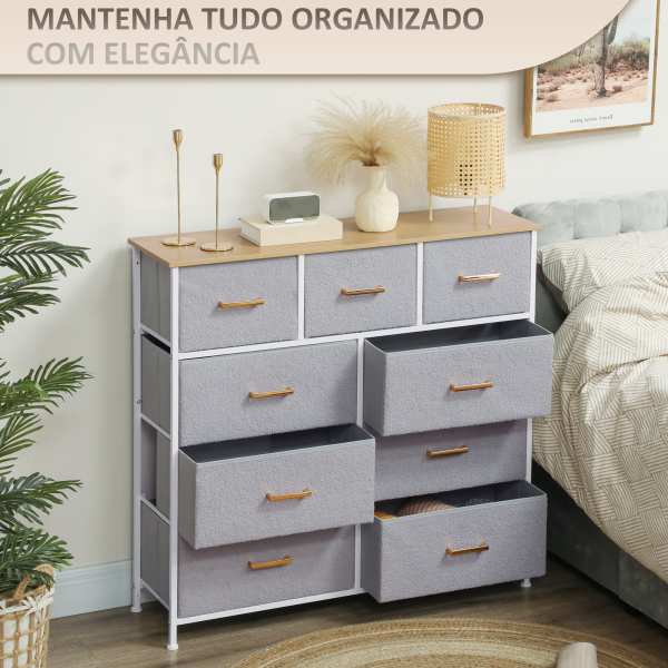HOMCOM Cómoda com 9 Gavetas Estofada em Borreguito Cómoda de Tela com Estrutura de Aço Cómoda para Dormitório 100x30x99 cm Cinzento - Image 5