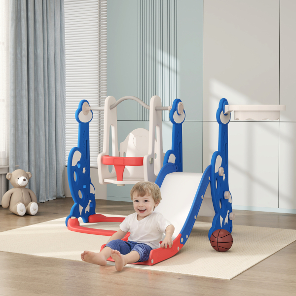 AIYAPLAY Escorrega Infantil 4 em 1 Parque Infantil com Baloiço e Escorrega Escalador Cesto de Basquetebol Temática de Foguete 147,5x160x107 cm  Multicor - Image 2