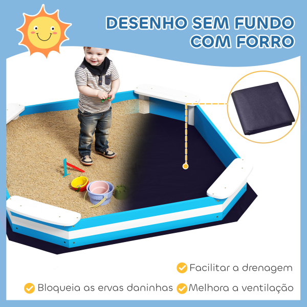 AIYAPLAY Caixa de Areia para Crianças acima de 3 Anos Quadrada com 4 Assentos para Exterior 133x133x16 cm Azul e Branco - Image 7