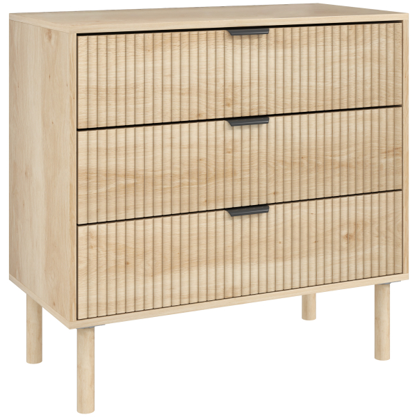 HOMCOM Cómoda com 3 Gavetas Cómoda Dormitório Estilo Nórdico com Painéis Ripados e Puxadores Metálicos 80x40x77,5 cm Madeira