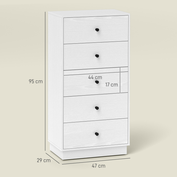 HOMCOM Cómoda com 5 Gavetas Cómoda de Quarto Estreita com Anti-Tombo Gaveteiro Alto para Sala de Estar Corredor 47x29x95 cm Branco - Image 3