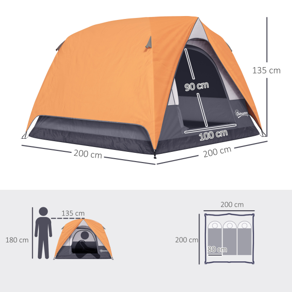Outsunny Tenda de Campismo para 2-4 Pessoas Dobrável com Bolsa de Transporte 200x200x135 cm Laranja e Cinza - Image 3