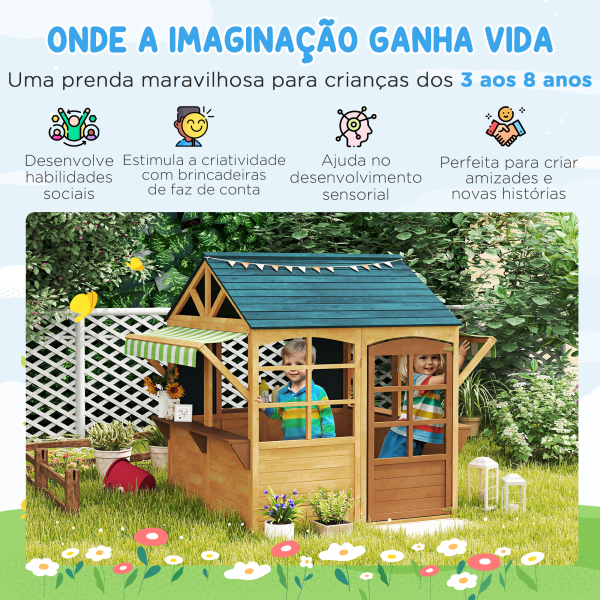 AIYAPLAY Casinha Infantil de Madeira Dobrável Casinha de Brincar com 2 Ardósias Janelas e Toldos Casinha de Madeira para Crianças 173x117x144 cm Madeira - Image 4
