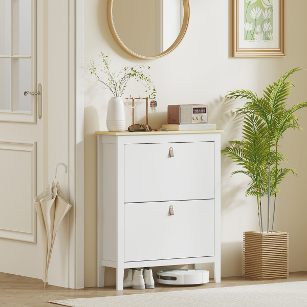 HOMCOM Sapateira Estreita com 2 Gavetas Prateleiras Ajustáveis e Puxadores em PU para 14 Pares de Sapatos 80x24x95,5 cm Branco - Image 8