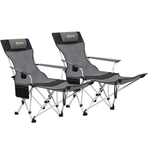 Outsunny Conjunto de 2 Cadeiras Dobráveis Campismo com Apoio para a Cabeça Porta-Copos e Bolsa Lateral 50-100x82x88 cm Cinza e Preto