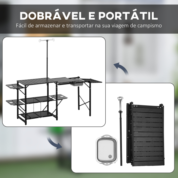 Outsunny Mesa de Campismo de 3 Níveis Dobrável com Prateleiras de Armazenamento Suporte para Candeeiro e Bolsa de Transporte 173x52x80-174 cm Preto - Image 6