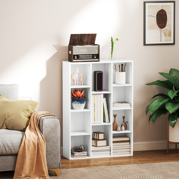 HOMCOM Estante de 3 Níveis Estante para Livros com 11 Compartimentos Desenho Vertical ou Horizontal 74,3x24x106 cm Branco - Image 2