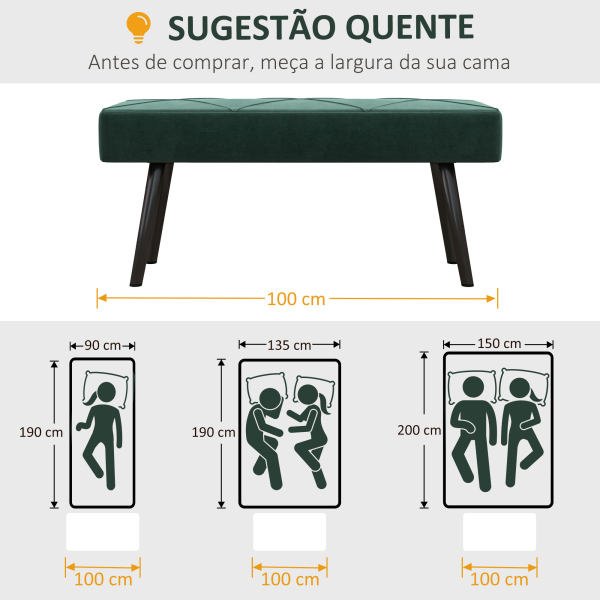 HOMCOM Banco de Pé de Cama Multifuncional e Moderno Banco de Dormitório com Pés de Aço e Assento Acolchoado 100x36x45 cm Verde - Image 7