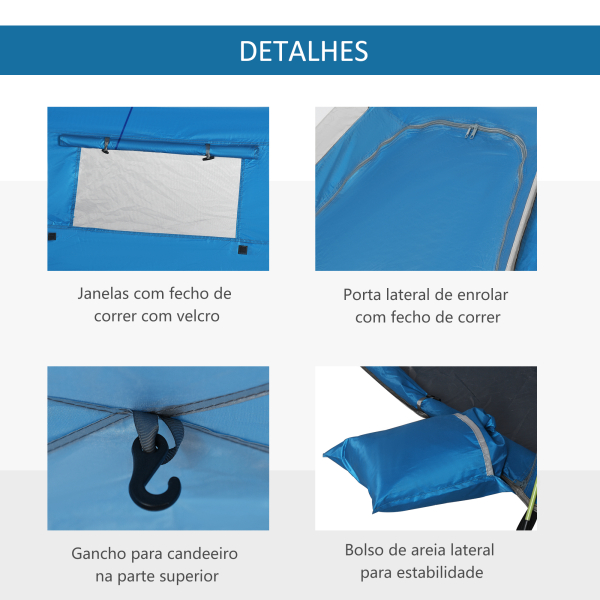 Outsunny Tenda de Praia Dobrável Tenda de Praia Pop-up 1-2 Pessoas com 2 Portas 2 Janelas e Bolsa de Transporte 220x173x120 cm Azul - Image 6