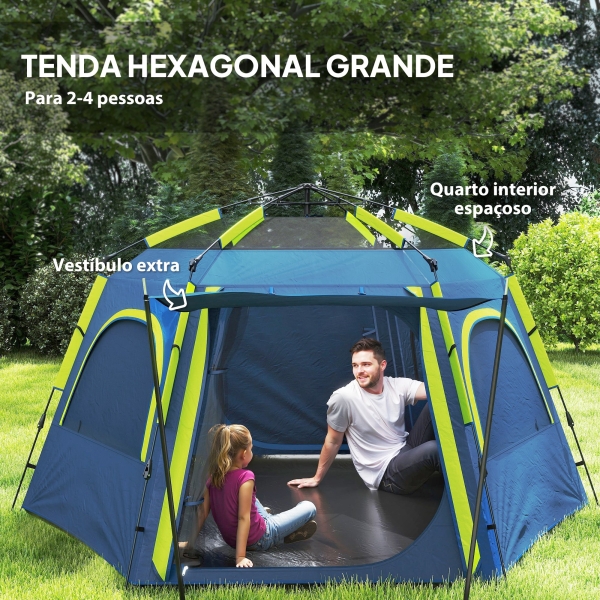 Outsunny Tenda de Campismo para 2-4 Pessoas Dobrável com Fácil Instalação e Bolsa de Transporte 280x240x155 cm Azul e Verde - Image 5