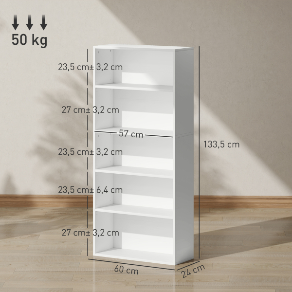 HOMCOM Estante de 5 Níveis Estante para Livros com 2 Prateleiras Ajustáveis para Sala de Estar Escritório Quarto 60x24x133,5 cm Branco - Image 3