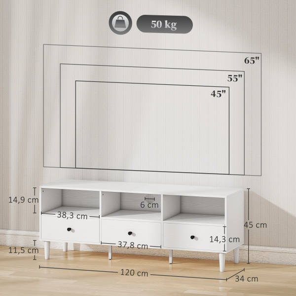 HOMCOM Móvel de TV Moderno com 3 Compartimentos Abertos 3 Gavetas para Televisão de 45/55/65 Polegadas 120x34x45 cm Branco - Image 3