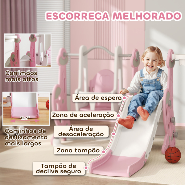 AIYAPLAY Escorrega Infantil 4 em 1 Parque Infantil com Baloiço e Escorrega Escalador Cesto de Basquetebol 147,5x160x107 cm Rosa - Image 5