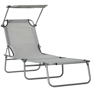 Outsunny Espreguiçadeira de Jardim Dobrável com Toldo Removível e Ajustável e Encosto Ajustável em 4 Posições  187x58x36 cm Cinza Claro