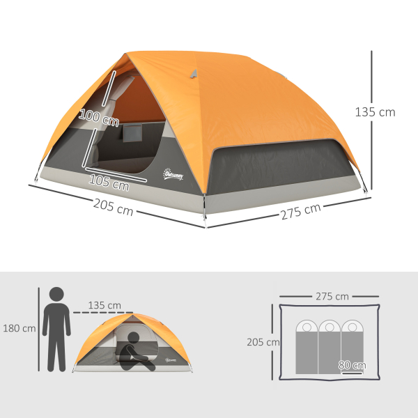 Outsunny Tenda de Campismo para 2-4 Pessoas Dobrável com Bolsa de Transporte Fácil Instalação 205x275x135 cm Laranja e Cinza - Image 3
