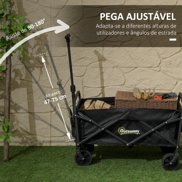 Outsunny Carrinho de Transporte com Rodas Carrinho de Jardim Dobrável com Pega Telescópica Ajustável 2 Bolsas de Arrumação 64x42x27 cm Preto - Image 8