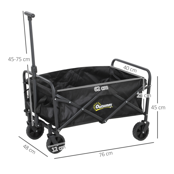Outsunny Carrinho de Transporte com Rodas Carrinho de Jardim Dobrável com Pega Telescópica Ajustável 2 Bolsas de Arrumação 64x42x27 cm Preto - Image 3