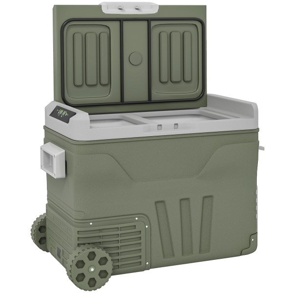 Outsunny Geleira Portátil Elétrica 45L Geleira de Carro -20℃ a +20℃ 12V/24V com Rodas Compressor e Ecrã LED 64,5x43,5x53 cm Verde