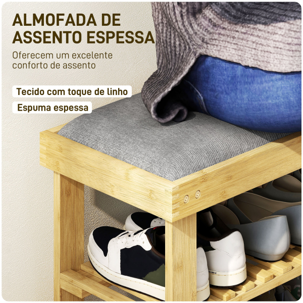 HOMCOM Banco Sapateira de Bambu Sapateira com Assento Almofadado 2 Prateleiras para 6 Pares de Sapatos 60x29x49 cm Madeira e Cinzento - Image 4