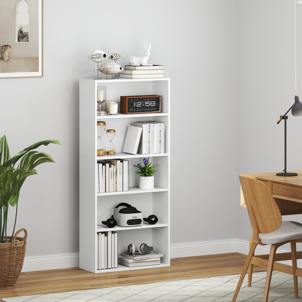 HOMCOM Estante de 5 Níveis Estante para Livros com 2 Prateleiras Ajustáveis para Sala de Estar Escritório Quarto 60x24x133,5 cm Branco - Image 2