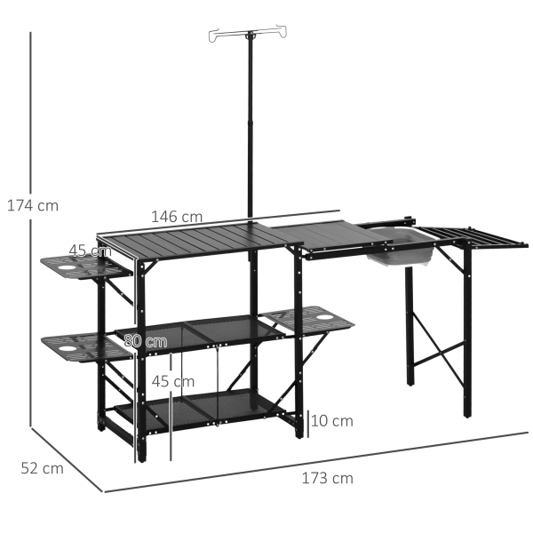 Outsunny Mesa de Campismo de 3 Níveis Dobrável com Prateleiras de Armazenamento Suporte para Candeeiro e Bolsa de Transporte 173x52x80-174 cm Preto - Image 3
