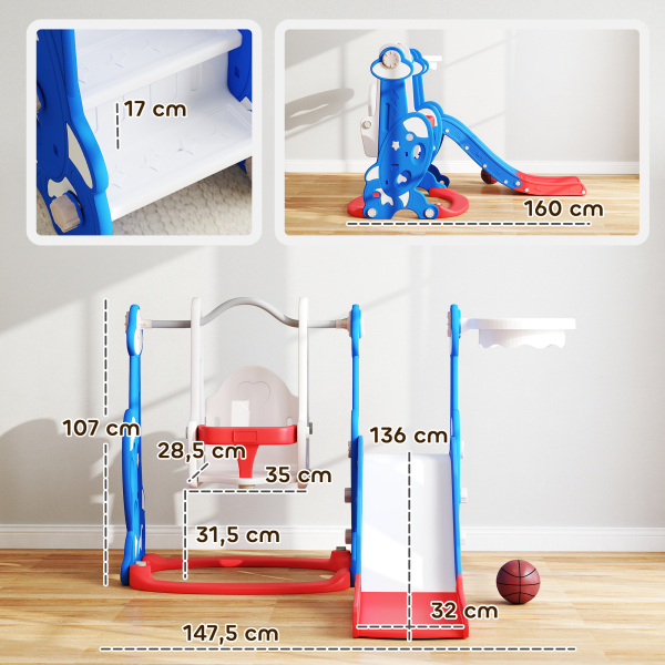 AIYAPLAY Escorrega Infantil 4 em 1 Parque Infantil com Baloiço e Escorrega Escalador Cesto de Basquetebol Temática de Foguete 147,5x160x107 cm  Multicor - Image 3