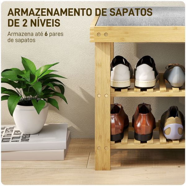 HOMCOM Banco Sapateira de Bambu Sapateira com Assento Almofadado 2 Prateleiras para 6 Pares de Sapatos 60x29x49 cm Madeira e Cinzento - Image 5